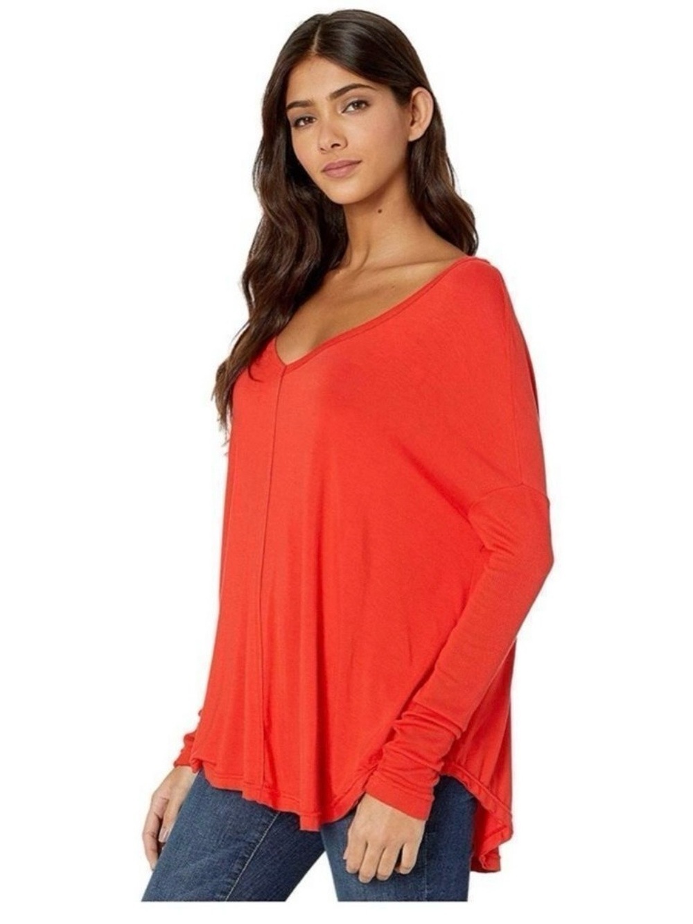 Free People Oversized V-Neck Long Sleeve Top - Coral Red